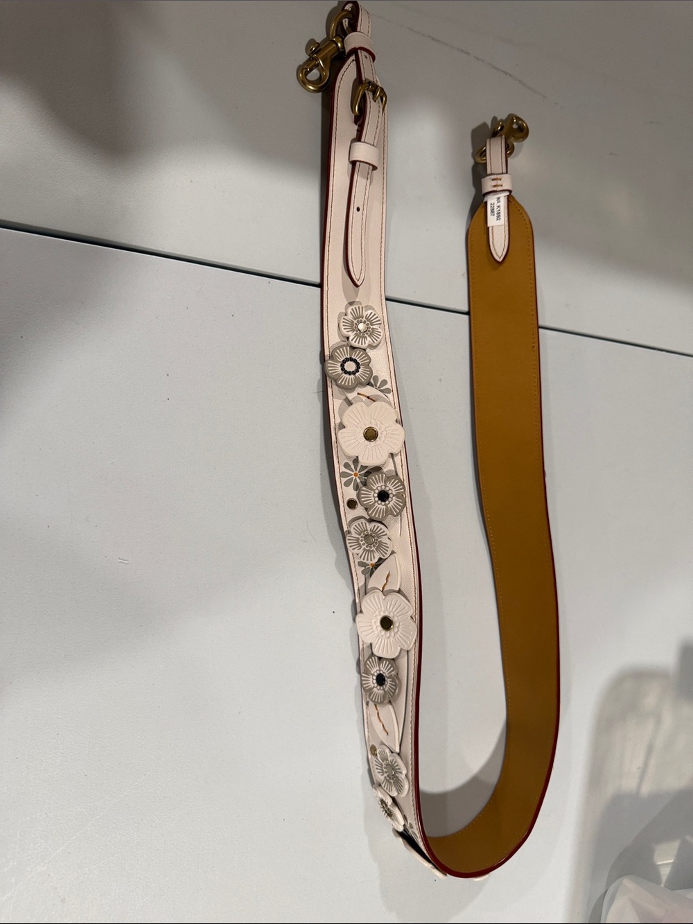 Coach Floral Appliqué Leather Bag Strap in Cream and Tan